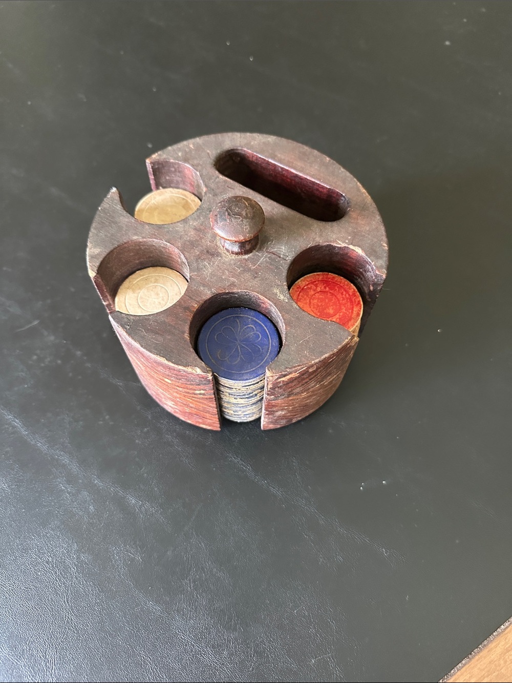 Vintage Dark Wood Caddy with Cardboard Poker Chips